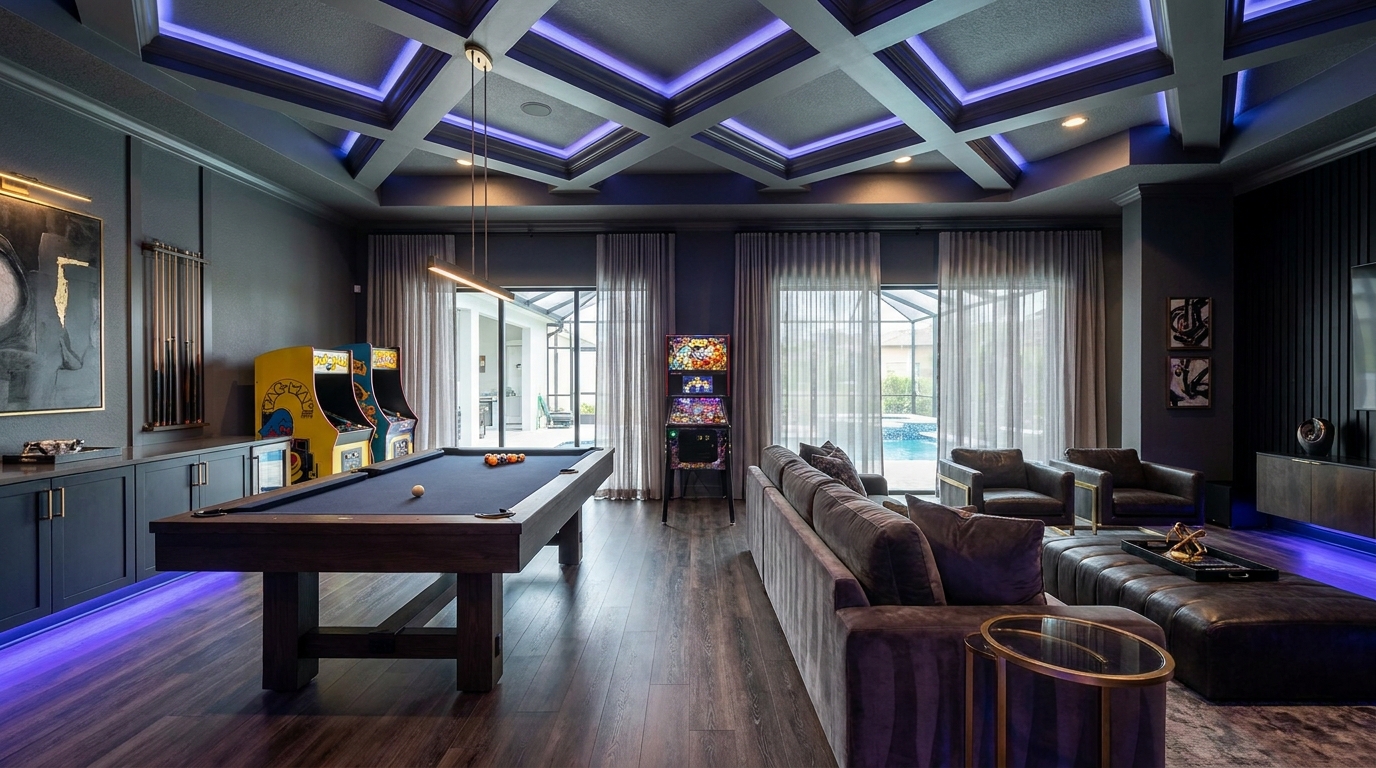 A games room in an Orlando vacation home with a pool table and arcade machines