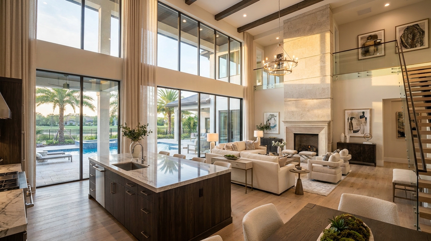 A spacious open-plan living area in an Orlando vacation home set up for a large group