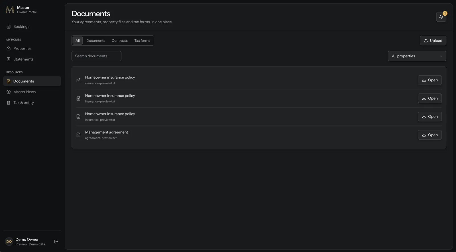 Owner portal documents page listing agreements and insurance policies, with search and filters
