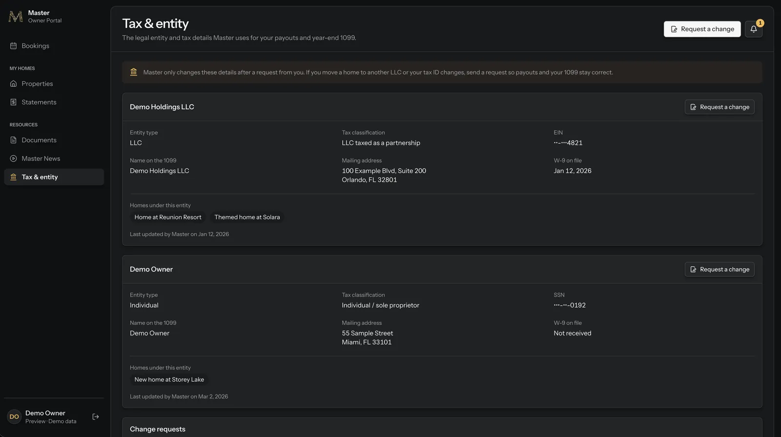 Owner portal tax and entity page showing each legal entity, its tax details and the homes under it